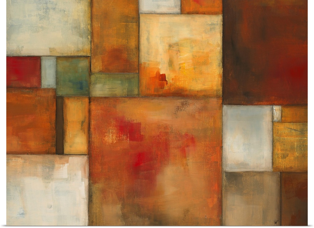 Contemporary painting of squares and rectangles of different sizes and colors positioned together to make one rectangle.