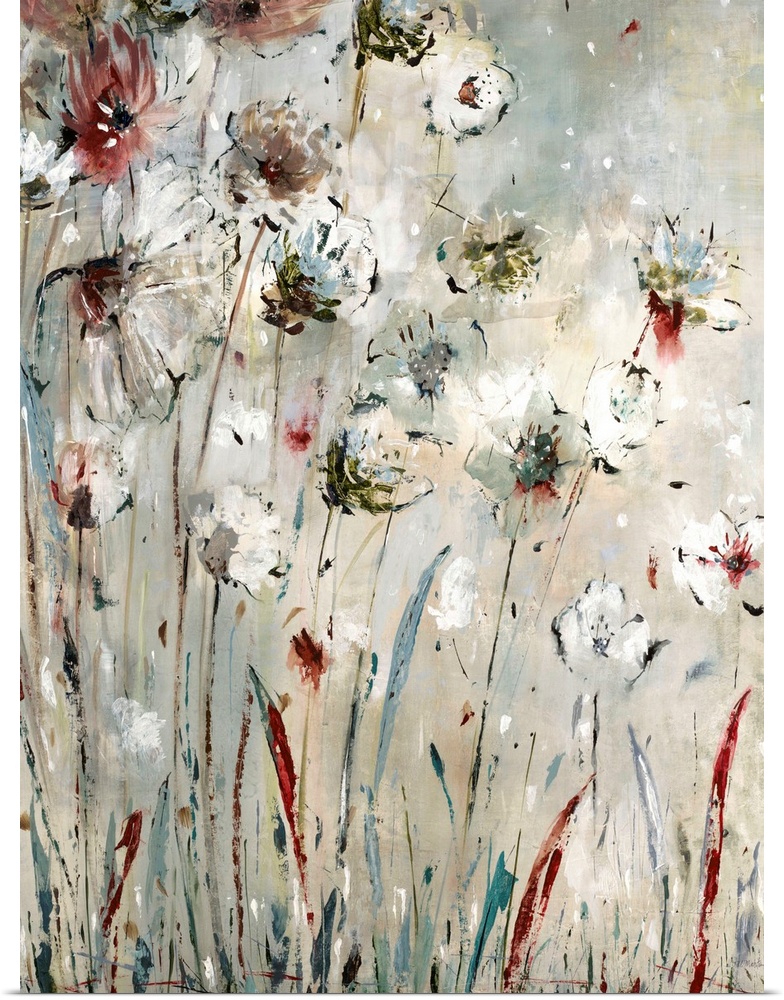 Abstract painting of long stemmed flowers in shades of red, blue, white, and gray with a little bit of yellow in the backg...
