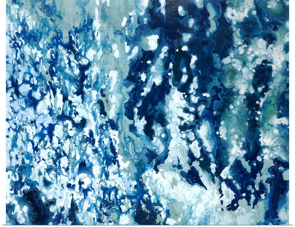 Abstract painting with shades of blue marbled together with white.