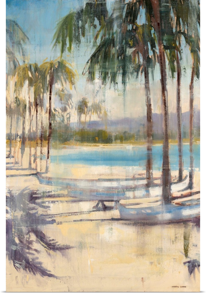 Contemporary landscape painting of a tropical beach scene with tall palm trees and a few canoes with the blue ocean in the...