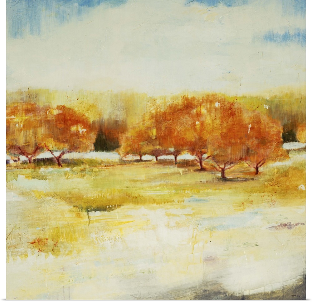 Contemporary landscape painting looking out over autumn foliage.