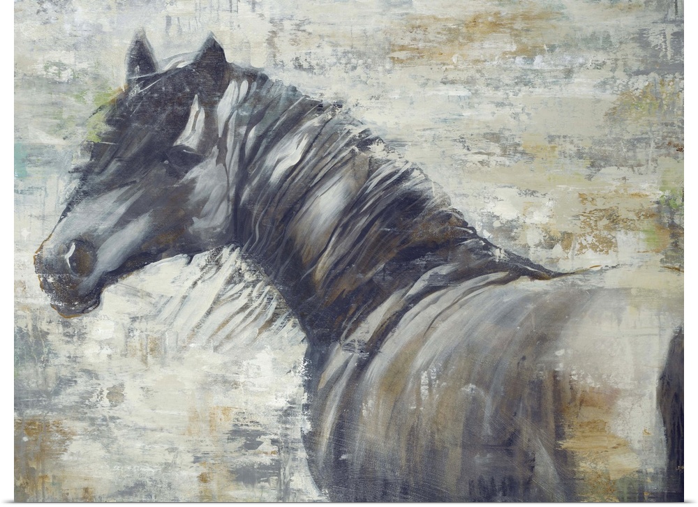 Contemporary painting of a horse looking intently to its left with its mane blowing in the wind.