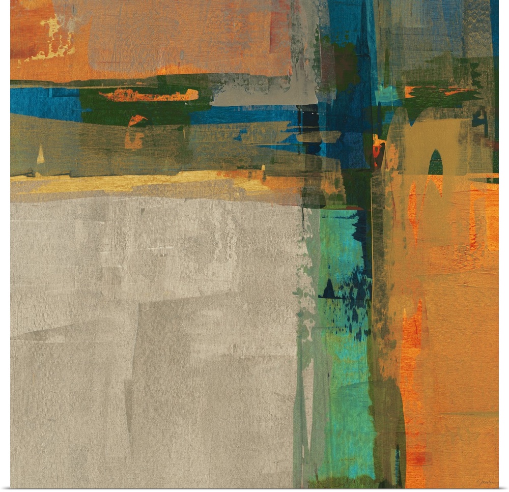 A bright square abstract painting of thick crossing colors of orange, blue, yellow and green.