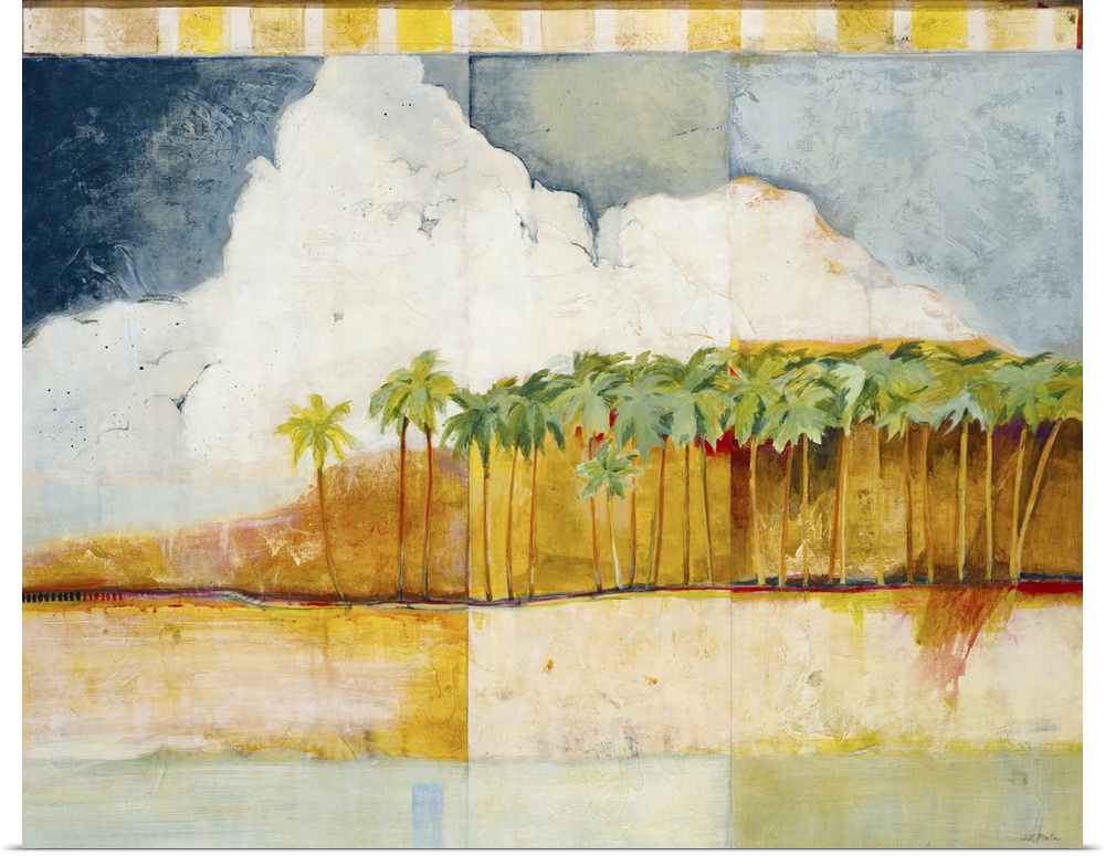 Home decor artwork of a line of palm trees in the distance with billowing clouds in the background.