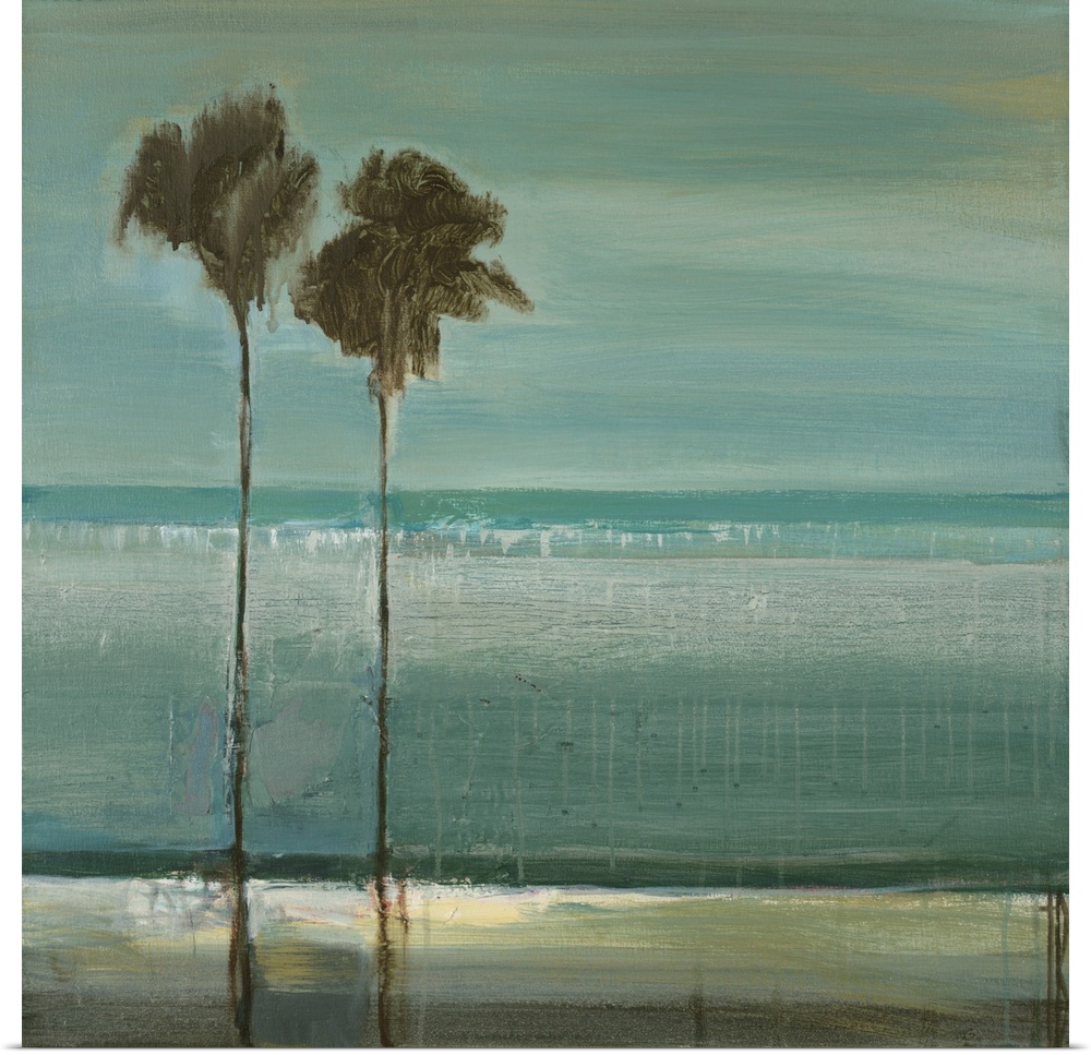 A contemporary painting of two tall thin palm trees standing against a sea blue background.