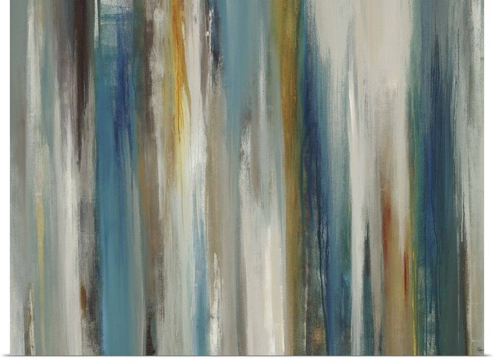 Abstract painting using cool colors and neutral colors in vertical swipes.