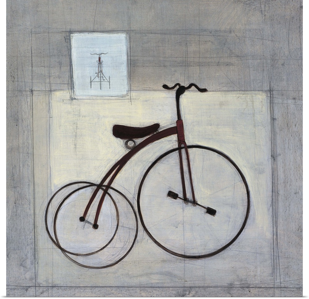 Contemporary painting of large wheeled tricycle against a gray background.