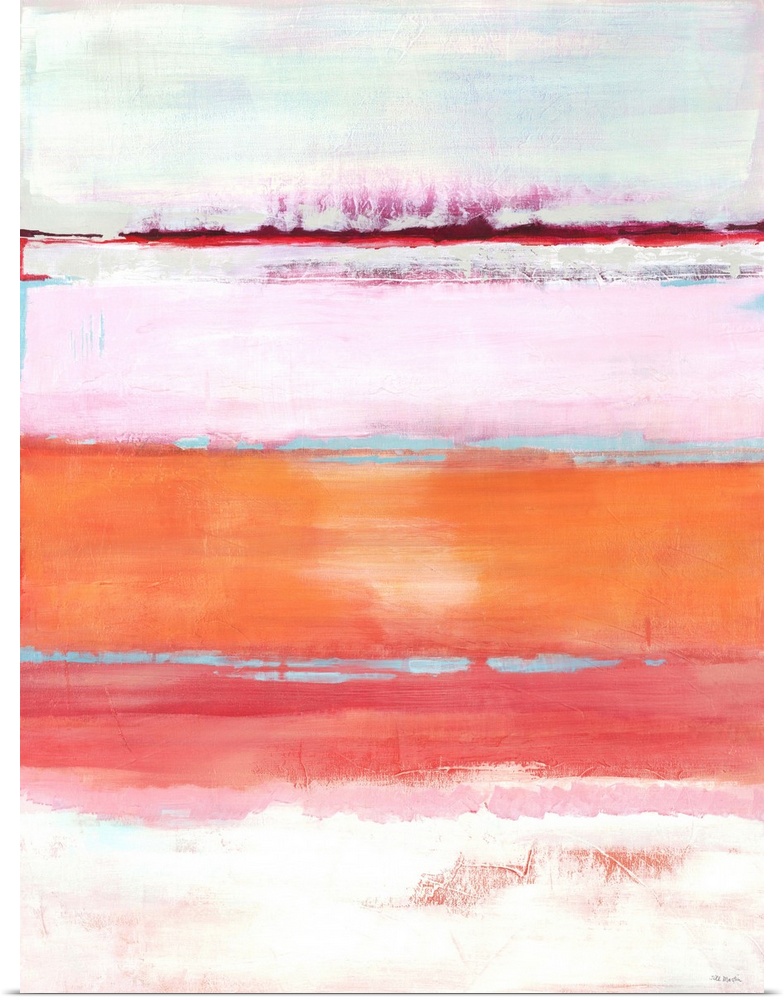 Contemporary abstract painting using warm tones to convey a landscape.