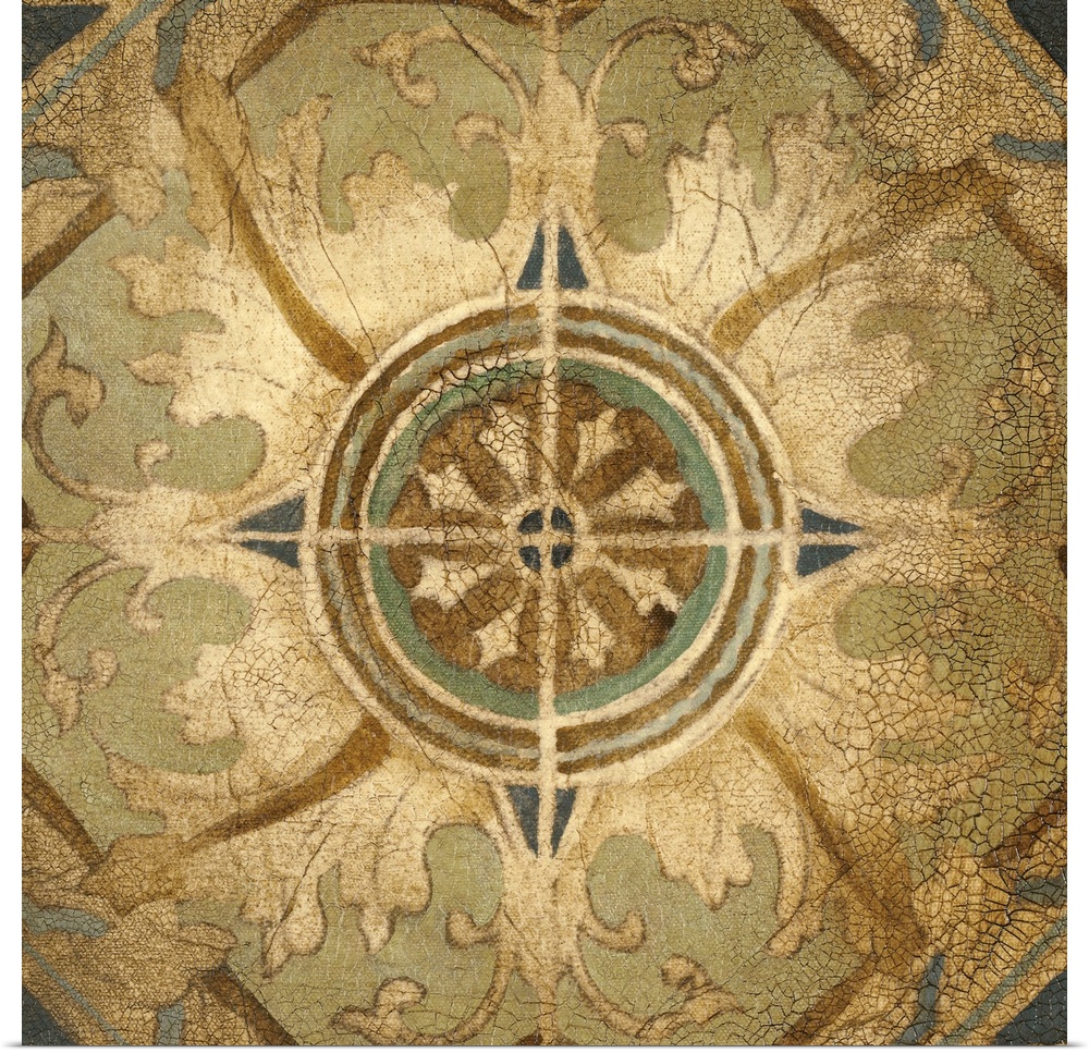 Contemporary artwork of four rustic tiles that are pieced together to form one large design.