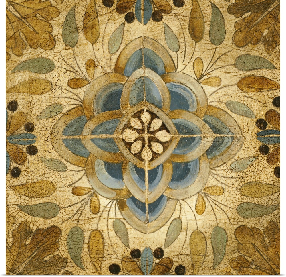Cracked tiles in a four-up panel in earthy tones with a simple, nature theme of leaves and petals.
