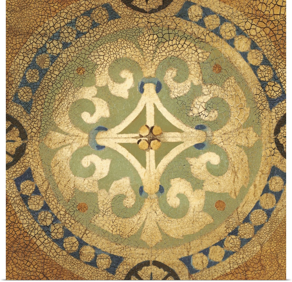 Contemporary artwork of an antique tile that is crackling in all four corners.