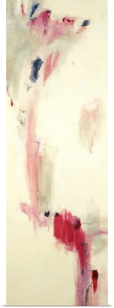 Contemporary abstract painting using splashes of pink against a beige background.