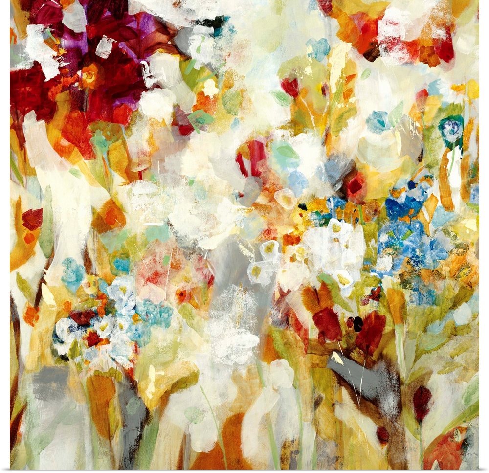 An abstract piece that has a variety of colors painted loosely to resemble flowers.