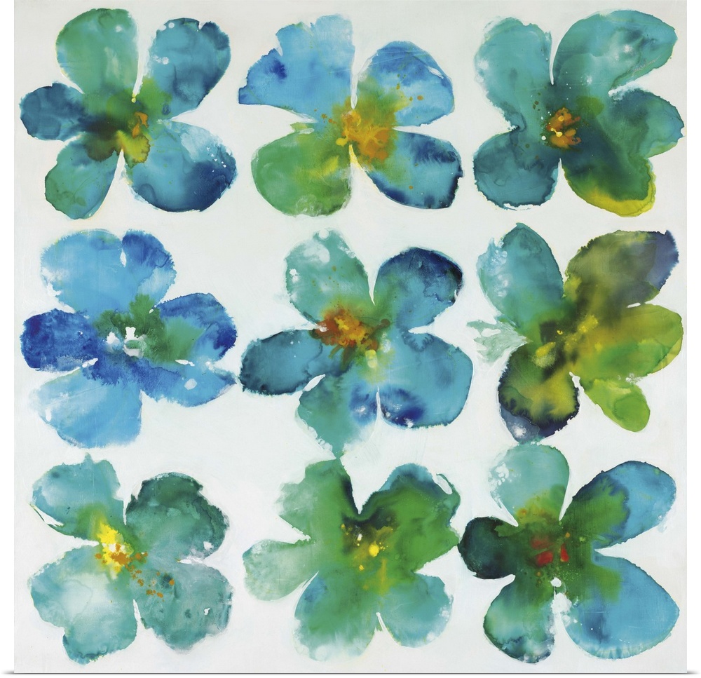 Contemporary painting of blue-green flowers in rows.