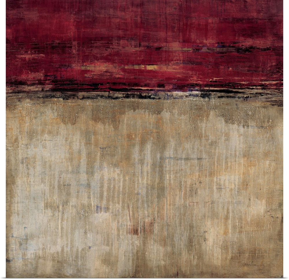 Contemporary abstract painting using earth tones and dark red to make a color field.
