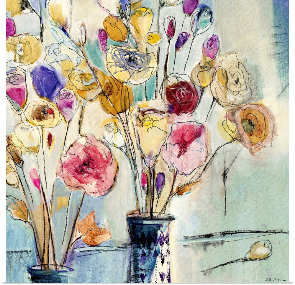 Ink and watercolor artwork of flowers in vases printed on canvas.
