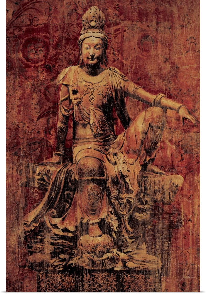 Contemporary painting of an ancient looking statue of Buddha.