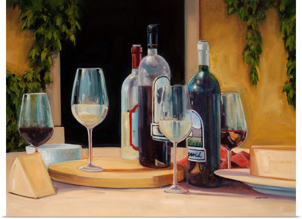 Contemporary still life painting of bottles and glasses of wine with cheese wedges on a table in a village setting.