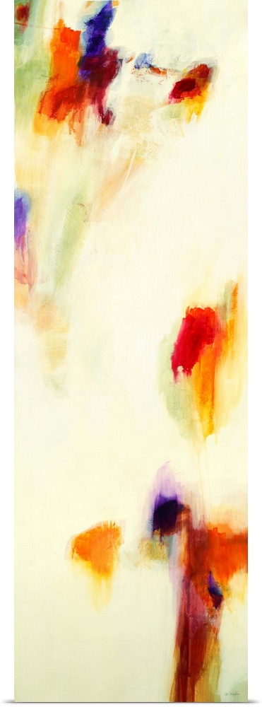 Contemporary abstract painting using splashes of red and orange  against a beige background.