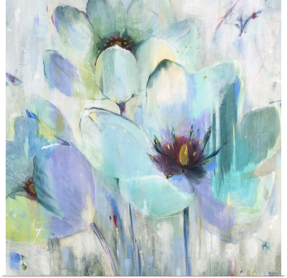 A contemporary painting of aqua blue and teal flowers against an abstract colorful background.