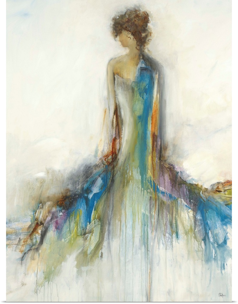 Abstract portrait of the back of a woman with a long, colorful, flowing dress with the hues dripping to the bottom of the ...