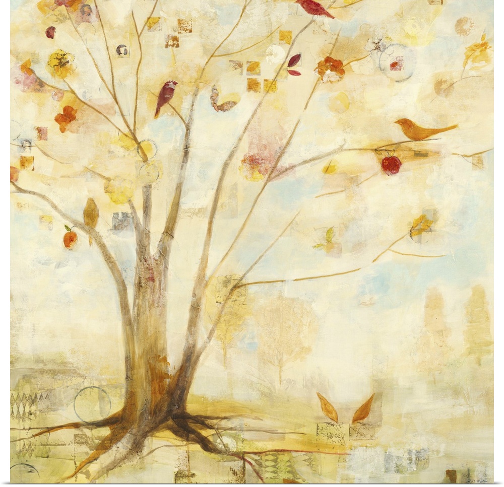 Contemporary painting of a tree in pale golden colors.