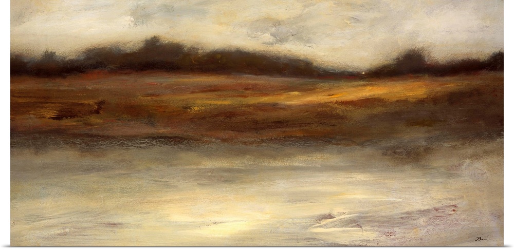 Contemporary abstracted landscape painting using muted earthy tones.