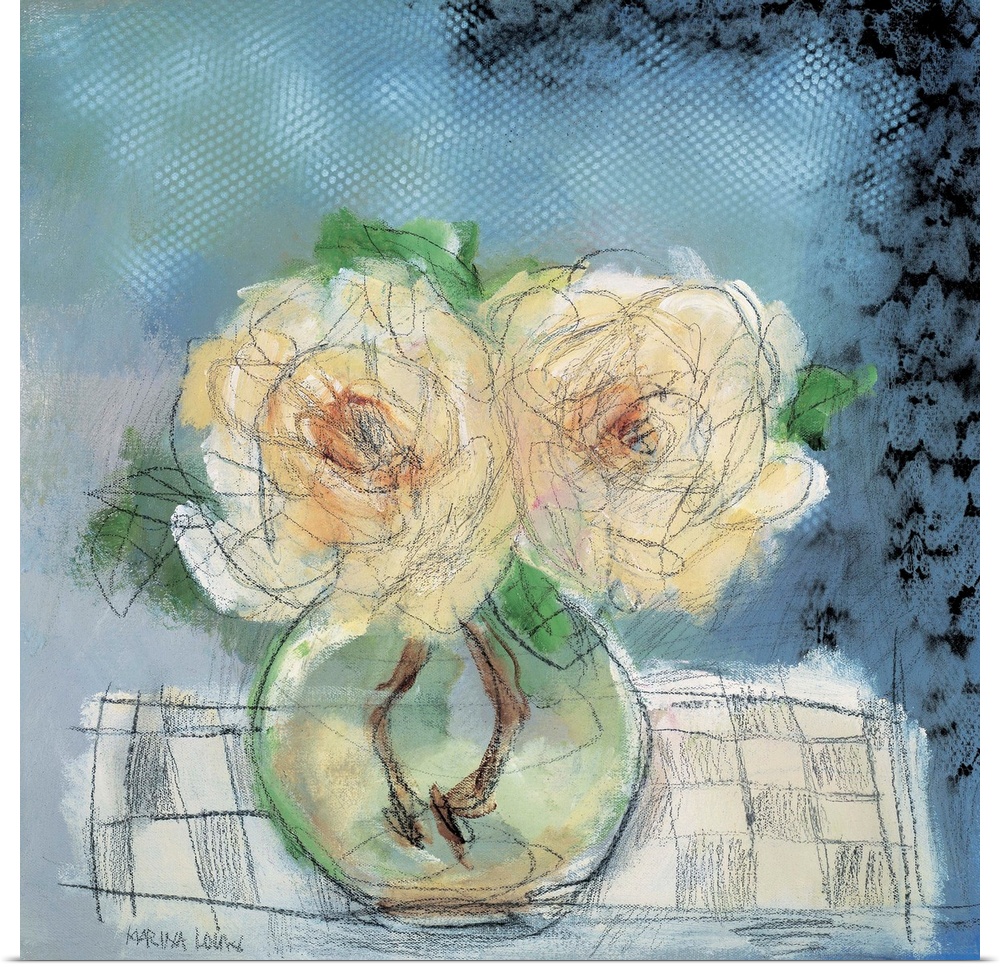 Contemporary painting of a small glass vase holding white flowers.