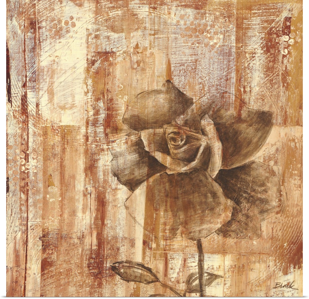 A contemporary painting of a bronze rose against a weathered bronze background.