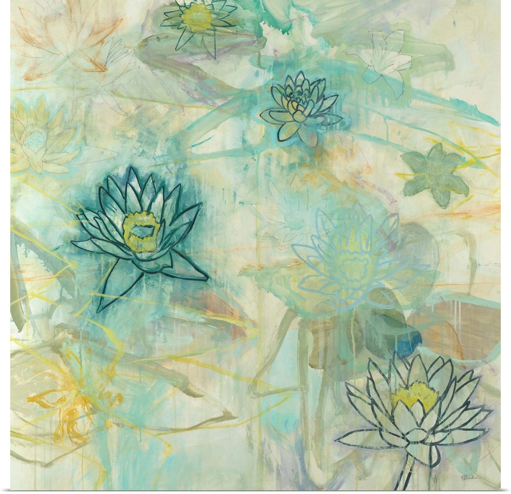 Square painting with light abstract brushstrokes in the background and lotus flowers in the foreground in shades of blue, ...