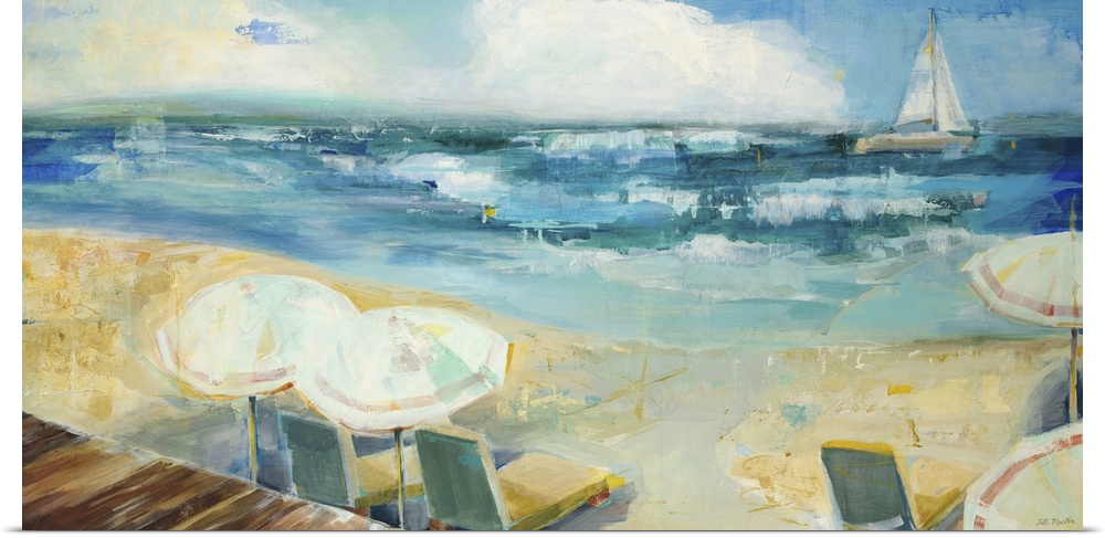 Contemporary painting of a beach scene with a view of the sea.