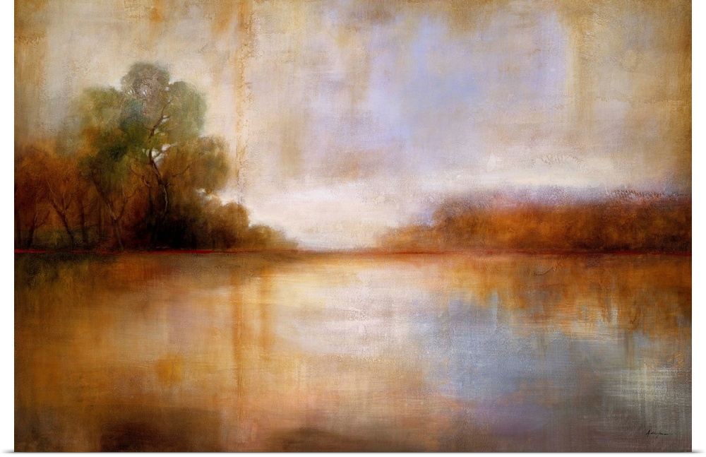 Contemporary painting of a serene country landscape in warm tones.