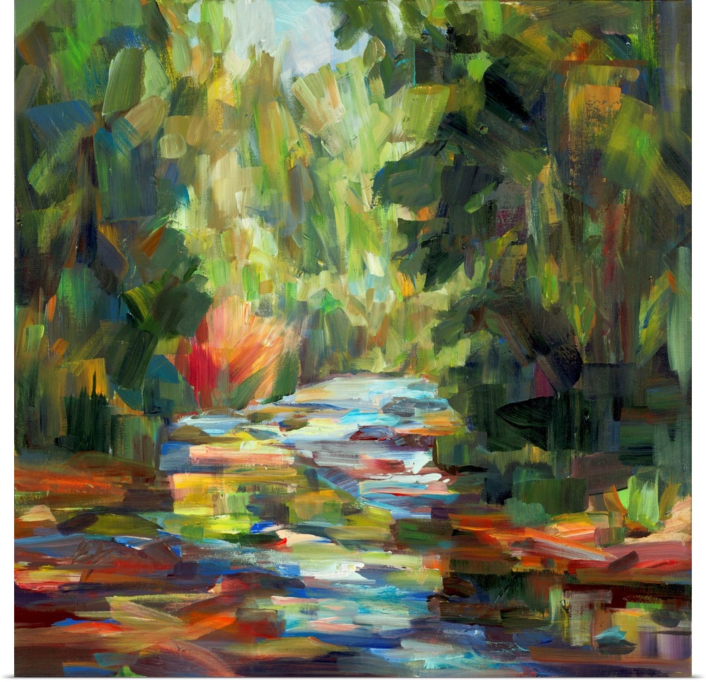 A bold contemporary landscape painting with bold, blocky brushstrokes resembling a river flowing between tall trees