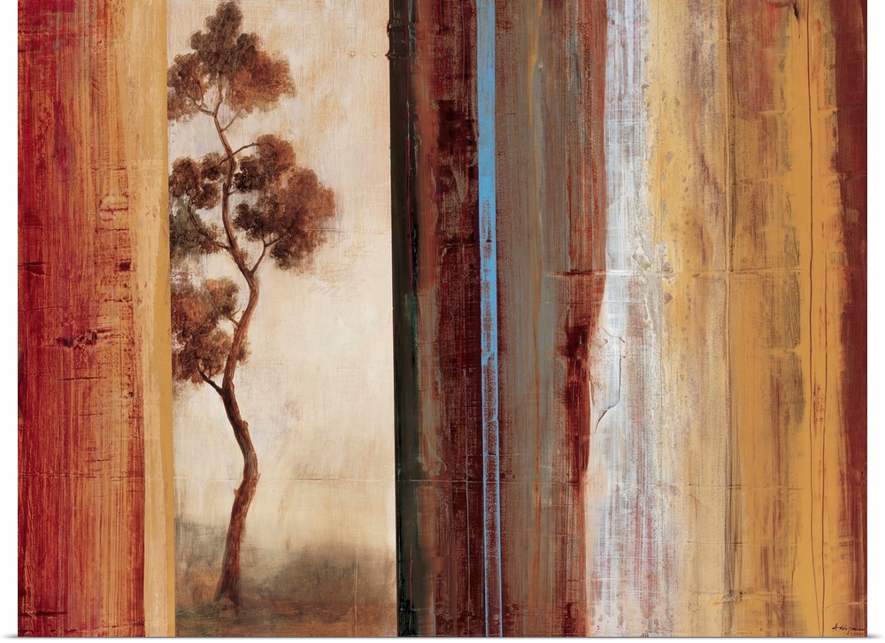 Contemporary abstract painting using vertical lines like shutters concealing parts of a thin tree.