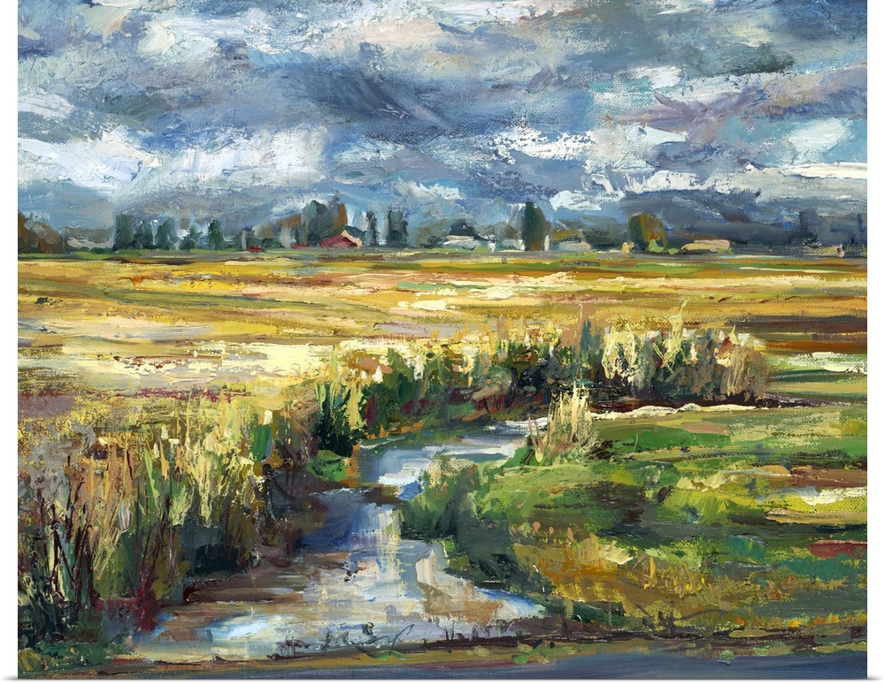 Contemporary landscape painting of a plains with a creek running through it.