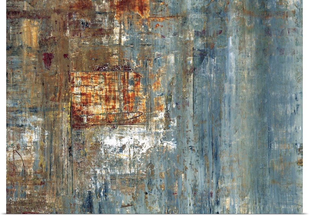 Contemporary abstract painting using a variety of earth tones and cool tones with textures to create depth.