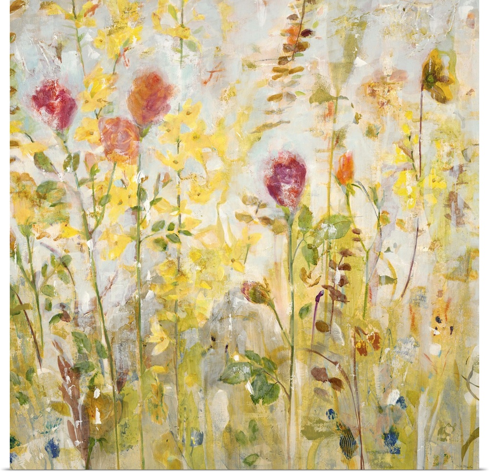 A contemporary painting of a garden of pale red and yellow flowers.