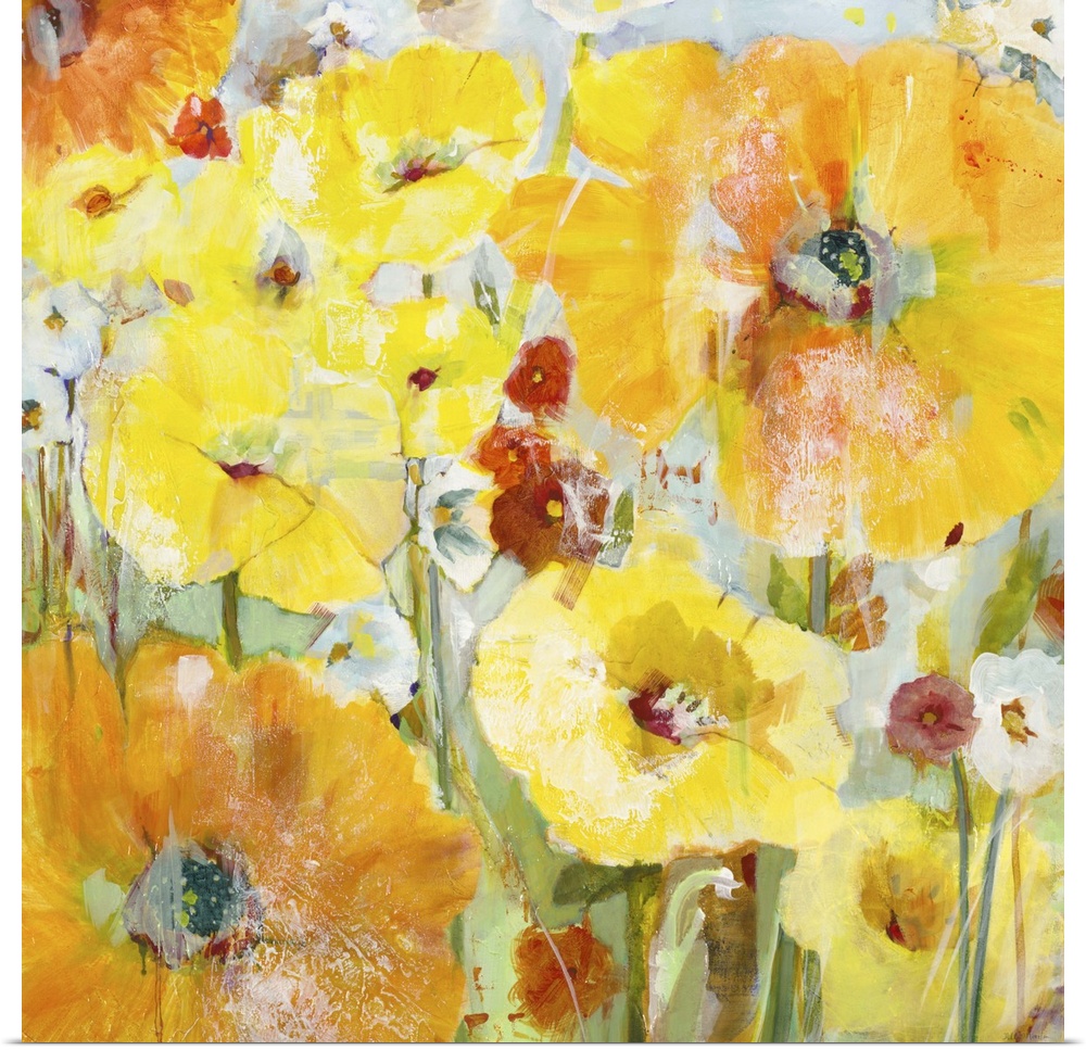 Contemporary painting of vibrant red orange and yellow flowers close-up.