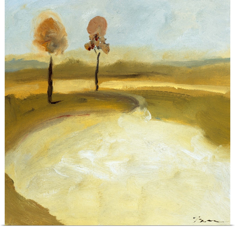 Contemporary landscape painting using light brown earthy tones with two slender trees standing together in the distance.