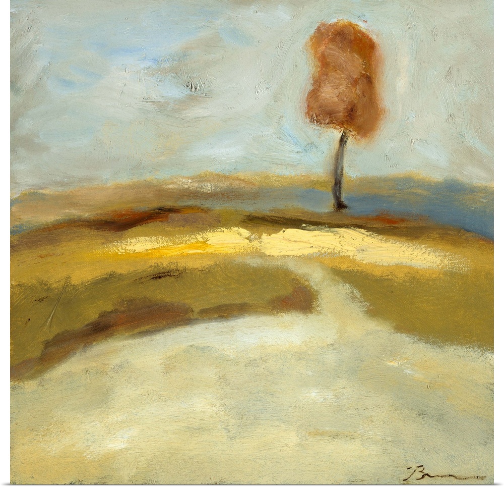 Contemporary landscape painting using light brown earthy tones with a slender tree standing lone in the distance.