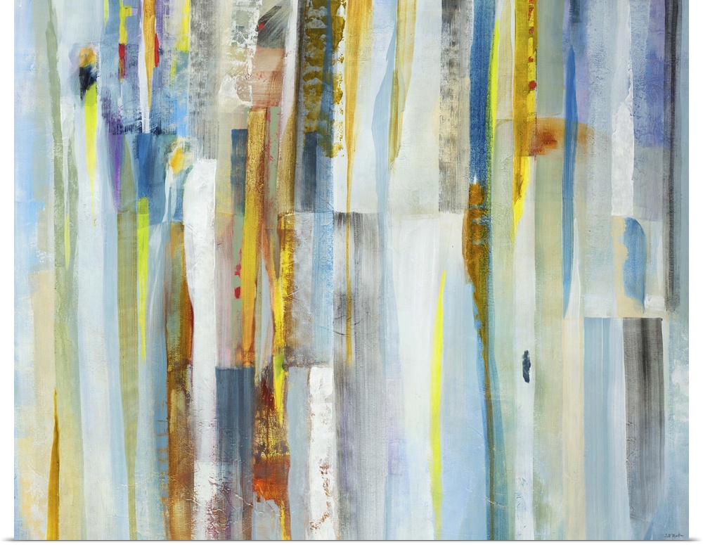 Contemporary abstract painting of vertical multi-colored lines in pale tones.