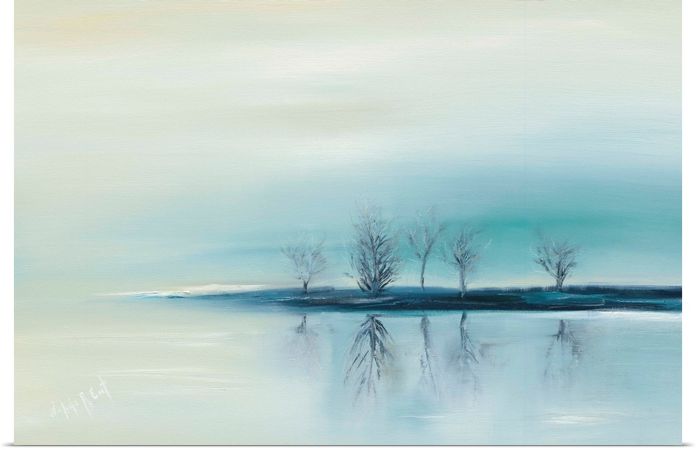 Contemporary painting with Winter trees reflecting on to an icy landscape.