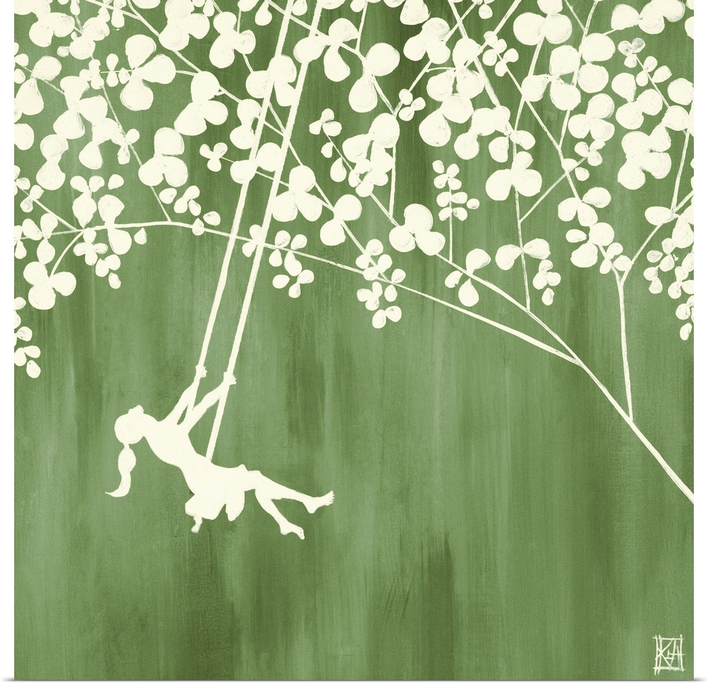 This square decorative accent is an illustration of a silhouetted girl on a swing suspended from a stylized tree  on a dry...
