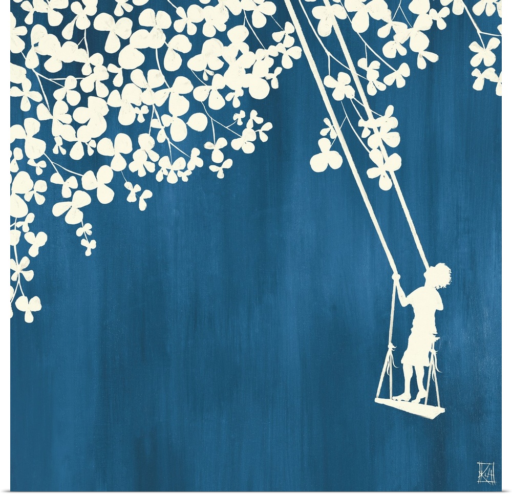 Square canvas art of the silhouettes of a plant with various leaves or petals and a boy standing on a swing looking upward...