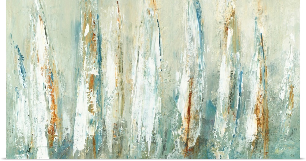 Contemporary painting of abstract sailboat sails in shades of blue, brown, green, white, and yellow.