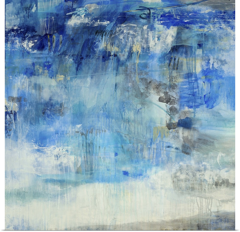 Contemporary abstract painting using predominantly blue against neutral tones.
