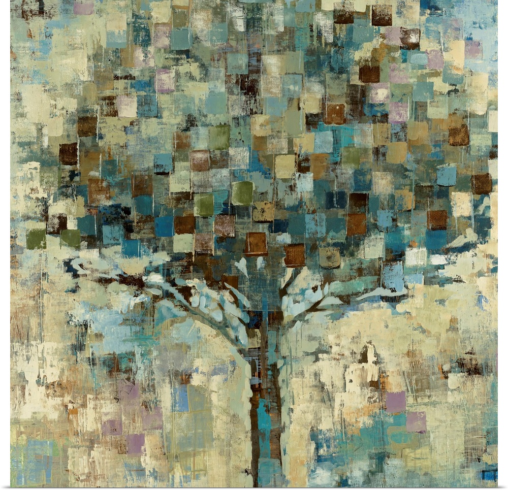 Big contemporary art shows a large tree that is represented with earthy tones.  Artist uses an abundance of squares and re...