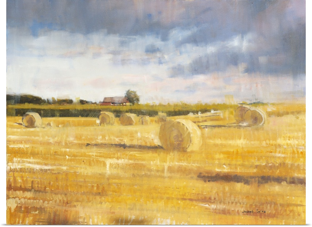 Contemporary painting of a countryside field with golden haystacks and a small farmhouse in the background.