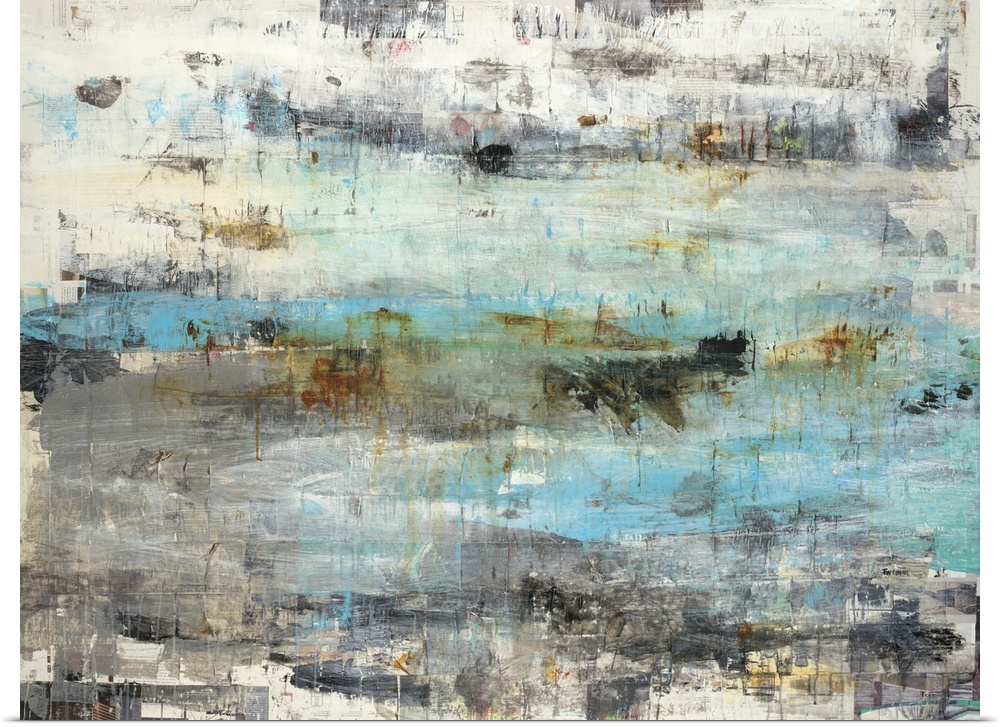 Abstract painting with textured hues in shades of blue, gray, orange, and cream.