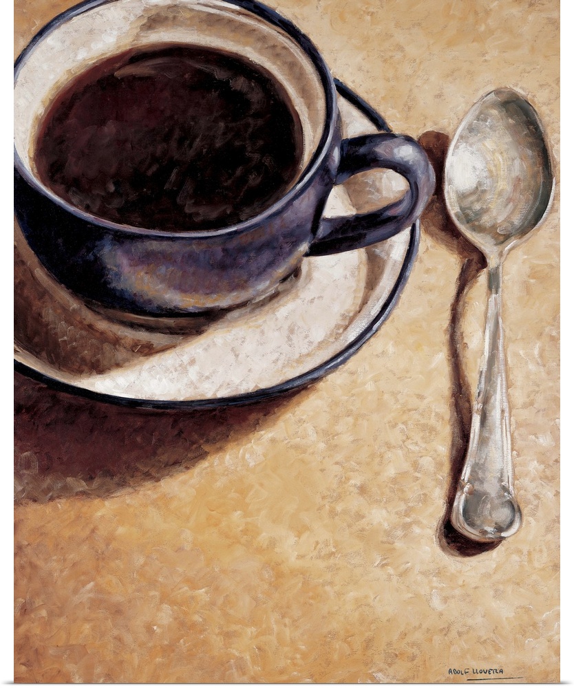Contemporary painting of a cup of coffee with a spoon.